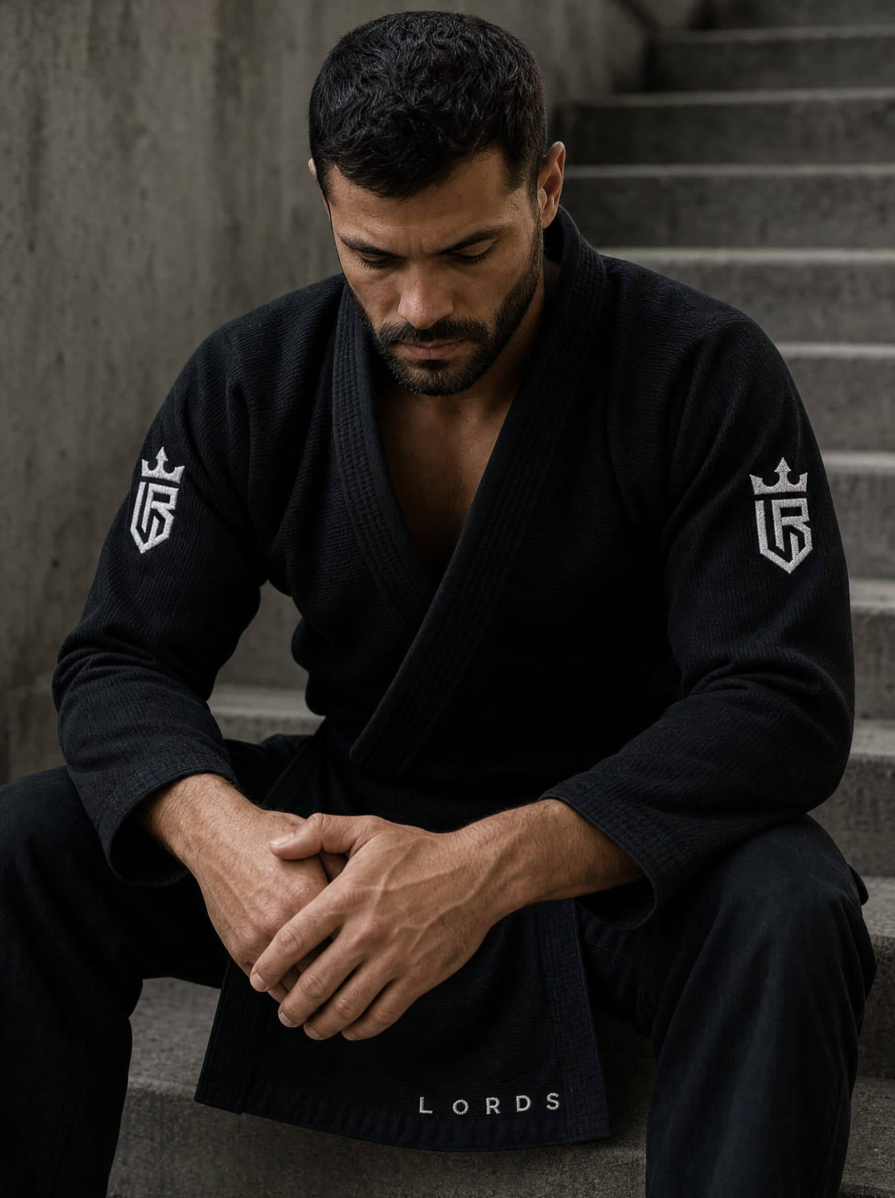 Mãos e antebraços de atleta em kimono preto LORDS